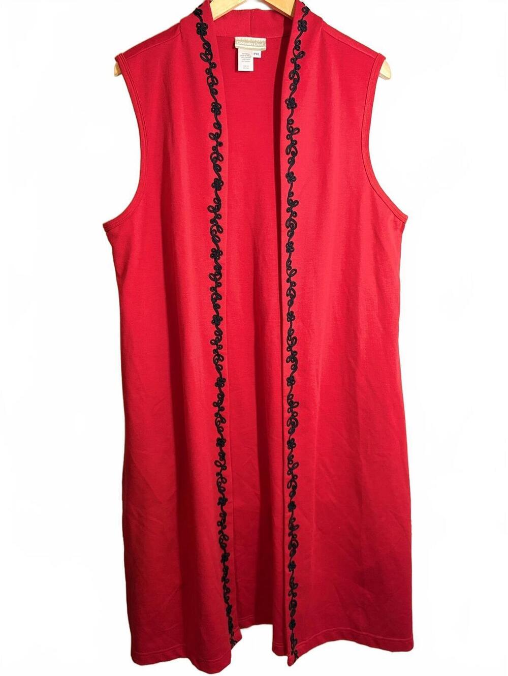 Coldwater Creek Long Red Open Kimono/Cardigan with black ribbon trim  PXL